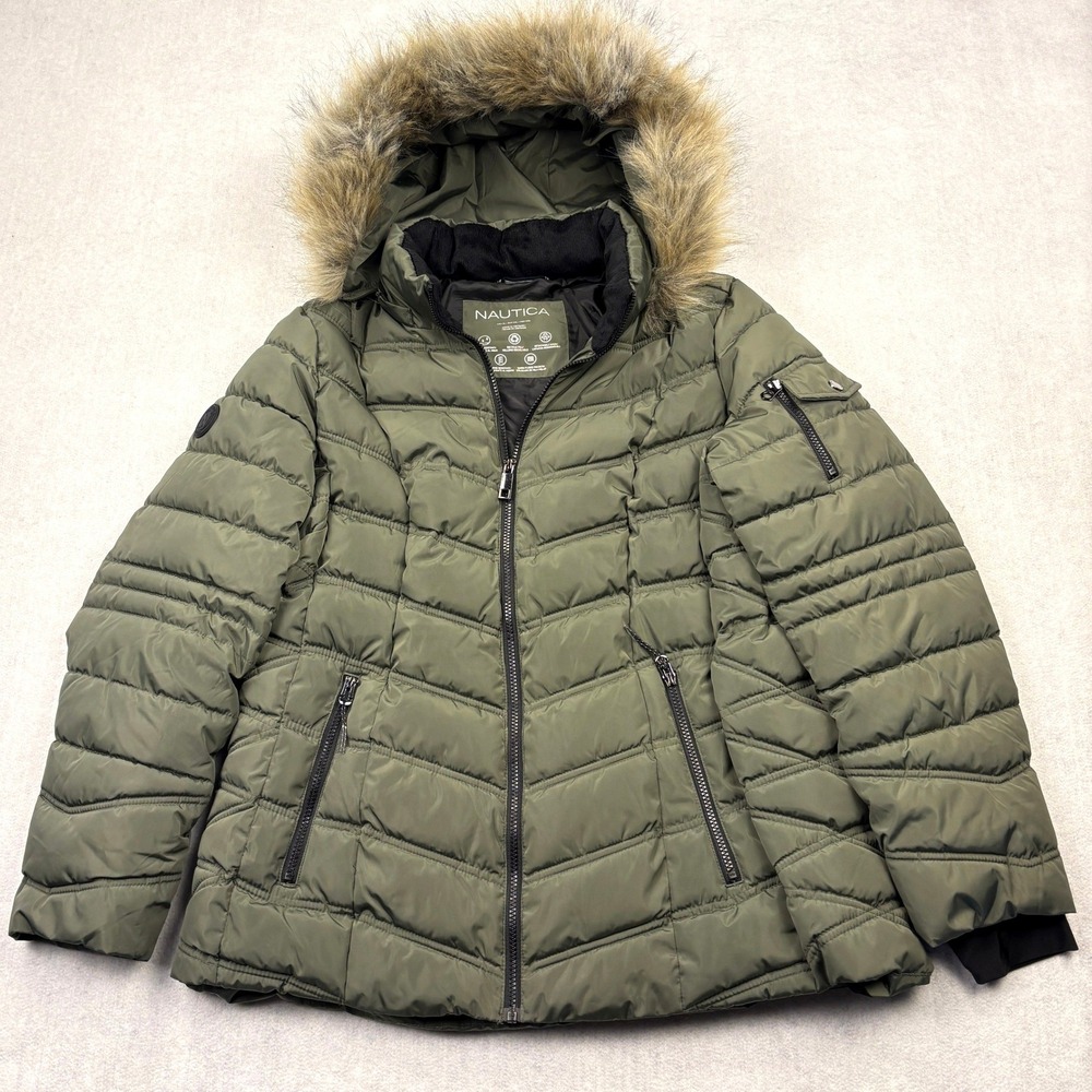 Nautica Jacket Womens Size XL Olive Green Puffer Coat Faux Fur Detachable Hood